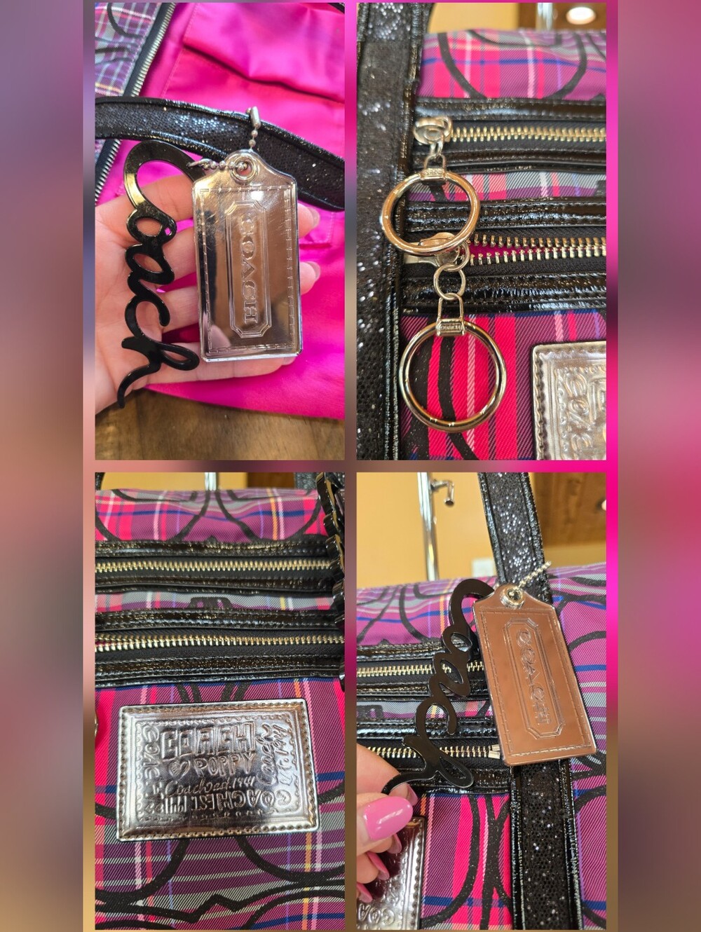 Coach Poppy Tartan Glam Purple Magenta  Black Tote Wristlet 2 Piece Set - Picture 10 of 16